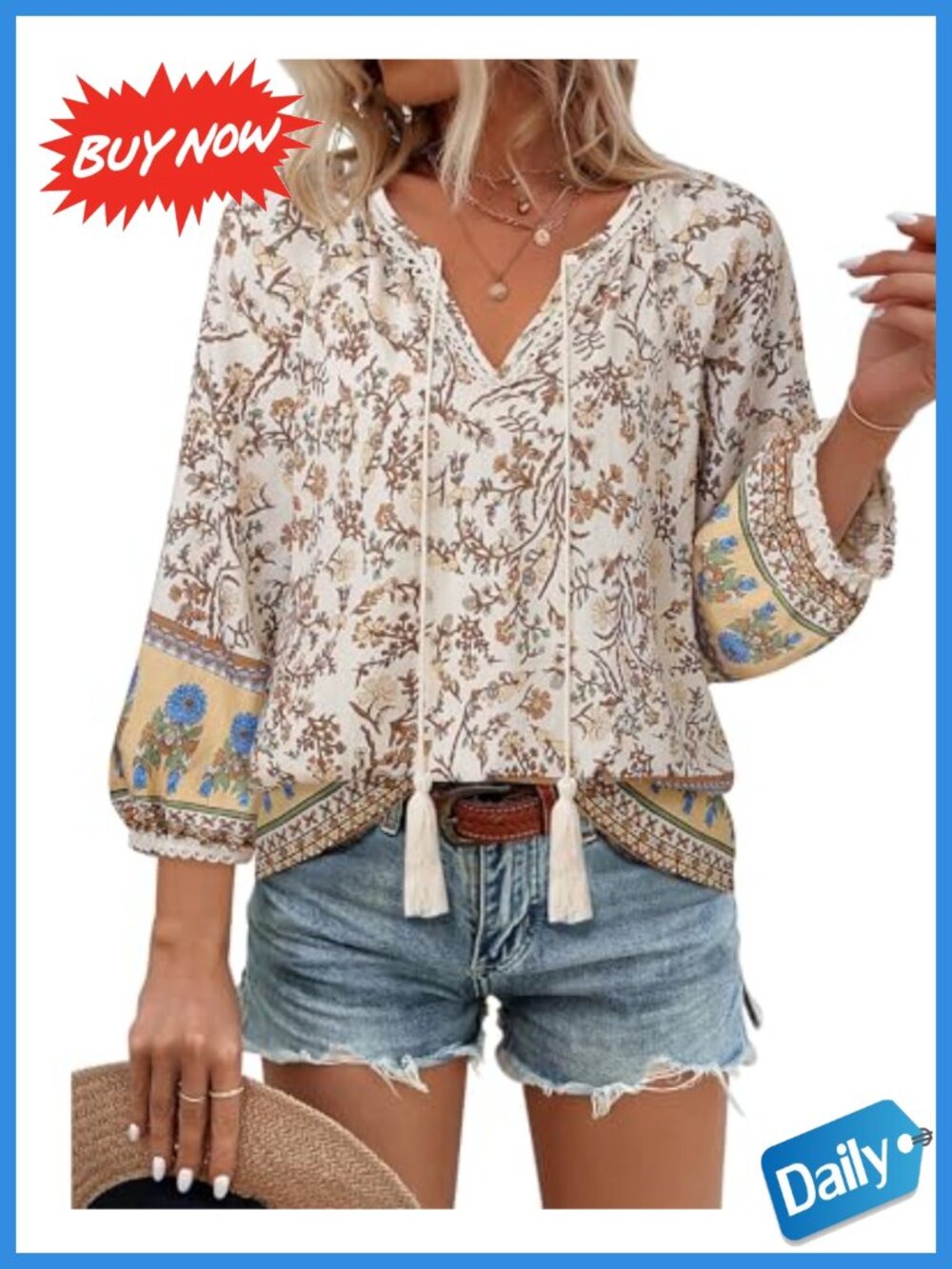 Womens Boho Floral Blouse V Neck 3/4 Lantern Sleeve Tie Front Tunic Top